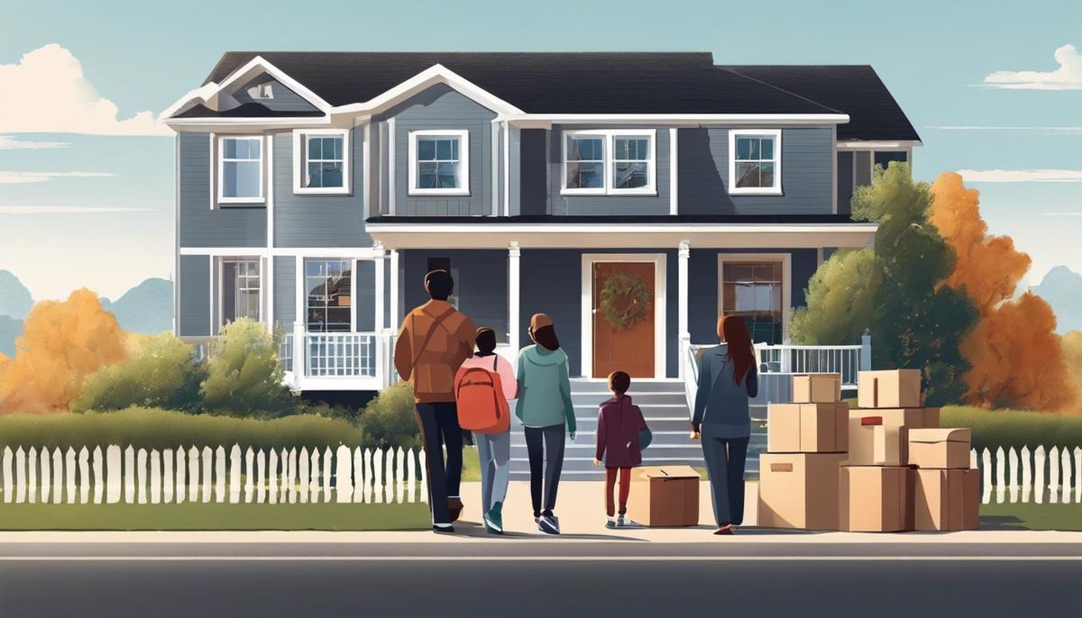 Illustration of a family standing in front of a new house, with suitcases and moving boxes nearby, symbolizing the process of moving and welcoming themselves to a new community.