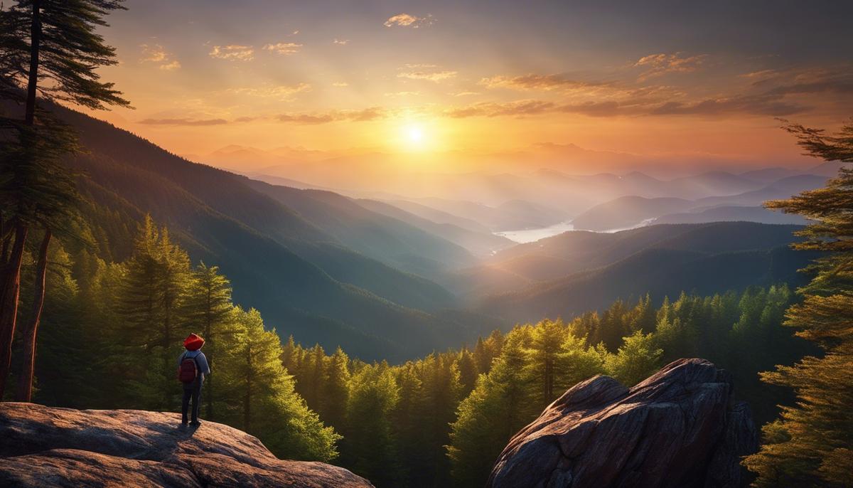 A person standing on a cliff, looking out at a vast landscape of mountains and forests, with the sun setting in the background