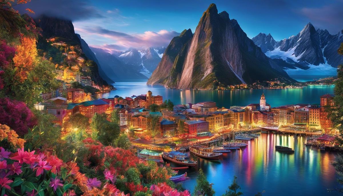 A vibrant image capturing the essence of traveling, with mountains, cities, and oceans blending together in a colorful and dynamic display