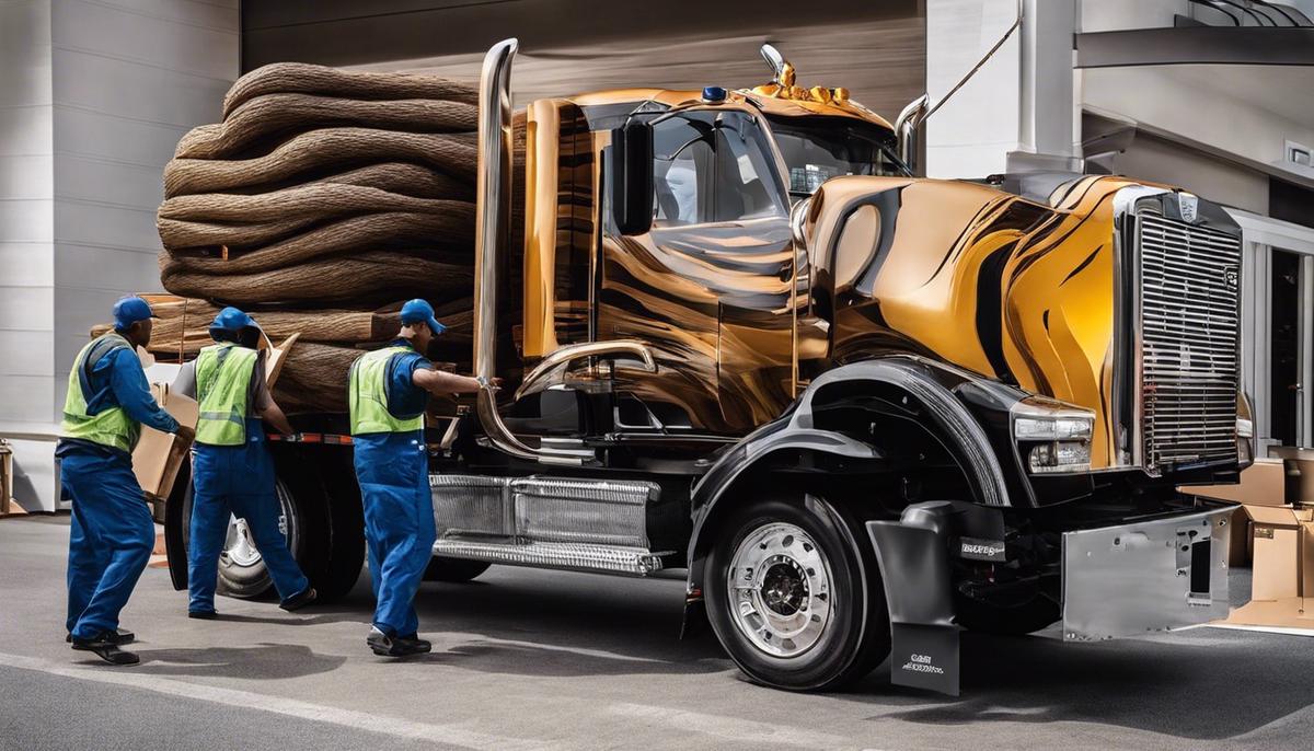 An image of a professional moving team carrying a large sculpture art piece carefully.